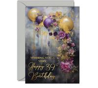 Beautiful Gold 39th Birthday Cards for Women and Men, Golden Party Balloons