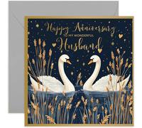 Beautiful Gold Anniversary Cards for Husband - Wonderful Swans in Love Artwork - Elegant Traditional Pretty Wedding Anniversary Card for Men Him - Blank Inside with Envelope