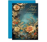 Beautiful Gold Birthday Cards for Dad - Wonderful Golden Flowers - Elegant Traditional Pretty Birthday Card for Dad from Daughter Son, A5 Father Gorgeous Greeting Cards Gift
