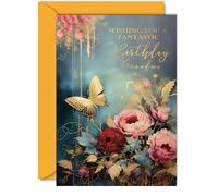 Beautiful Gold Birthday Cards for Grandma - Wonderful Golden Butterfly - Elegant Traditional Pretty Birthday Card for Grandma from Granddaughter Grandson, A5 Gran Gorgeous Greeting Cards Gift