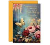 Beautiful Gold Birthday Cards for Grandma - Wonderful Golden Butterfly - Elegant Traditional Pretty Birthday Card for Grandma from Granddaughter Grandson, 5x7 Inch Gran Gorgeous Greeting Cards Gift