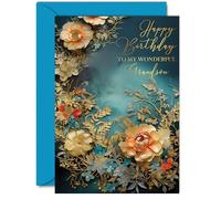 Beautiful Gold Birthday Cards for Grandson - Wonderful Golden Flowers - Elegant Traditional Pretty Birthday Card for Grandson from Grandparents, 5x7 Inch Gorgeous Greeting Cards Gift