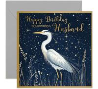 Beautiful Gold Birthday Cards for Husband - Wonderful Golden Heron - Elegant Traditional Pretty Bday Card for Men Him - 40th 50th 60th 70th Blank Inside with Envelope