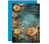Beautiful Gold Birthday Cards for Sister - Wonderful Golden Flowers - Elegant Traditional Pretty Birthday Card for Sister from Brother, 5x7 Inch Sibling Gorgeous Greeting Cards Gift
