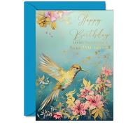 Beautiful Gold Birthday Cards for Step-Daughter - Wonderful Golden Birds Hummingbird - Elegant Traditional Pretty Birthday Card for Step Daughter from Step Mum Dad, 5x7 Inch Gorgeous Greeting Cards