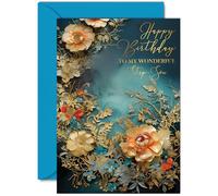 Beautiful Gold Birthday Cards for Step-Son - Wonderful Golden Flowers - Elegant Traditional Pretty Birthday Card for Step Son from Step Mum Dad, A5 Gorgeous Greeting Cards Gift