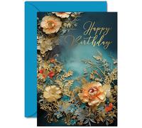 Beautiful Gold Birthday Cards for Women Men - Wonderful Golden Flowers - Elegant Traditional Pretty Birthday Card for Family Friends Her Him, A5 Gorgeous Greeting Cards Gift