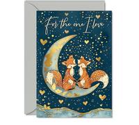 Beautiful Gold Valentine's Day Card - Fox Moon Love - Elegant Pretty Wedding Anniversary Card for Husband Wife Boyfriend Girlfriend, 5x7 Inch Gorgeous Anniversary Greeting Cards Gift