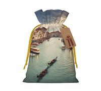 Beautiful Grand Canal Landscape Printed Christmas Drawstring Bags,S Reusable Xmas Gift Storage Bags, Yellow Ribbon