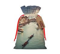 Beautiful Grand Canal Landscape Printed Christmas Drawstring Bags,S Reusable Xmas Gift Storage Bags, Red Ribbon