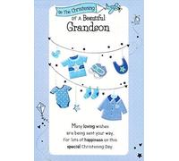 Beautiful Grandson Christening Card, Blue Baby Clothes Design, Religious Celebration
