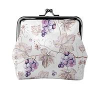 Beautiful Grape Leaves Print Double Clasp Metal Frame Leather Kiss Lock Change Pouch Wallet for Women with Keys, Small Purses