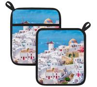 Beautiful Greek Architecture Santorini volcano Cyclades Caldera island Pot Holders for Kitchen Set of 2, Potholder Heat Resistant Potholder for Microwave Cooking Baking Oven End Dishes and BBQ