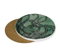 Beautiful Green Octopus Art Painting Porcelain, Drinks Coffee-Tea Coaster. (Round Ceramic Coaster)