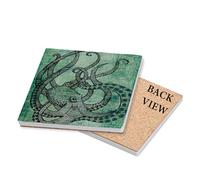 Beautiful Green Octopus Art Painting Porcelain, Drinks Coffee-Tea Coaster. (Square Ceramic Coaster)