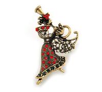 Beautiful Guardian Angel Clear/Green/Red Crystal Brooch In Aged Gold Tone Xmas Christmas - 50mm L