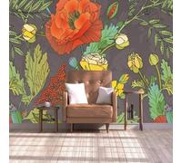 Beautiful Hand Drawn Colourful Plants Flowers Green Leaves 3D Wallpaper Premium Textured Silk Study Dining Living Room Bedroom Sofa TV Wall Easy Install-400cm×280cm
