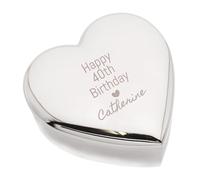 Beautiful Happy 40th Birthday Design Silver Heart Shape Trinket Box, Personalised with Name