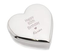 Beautiful Happy 60th Birthday Design Silver Heart Shape Trinket Box, Personalised with Name