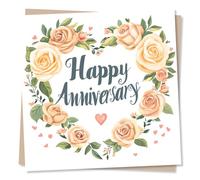 Beautiful Happy Anniversary Card - Heart, Heartfelt, Floral Wreath, Flowers - Delicate and Joyful - For a Loved One, Partner, Husband, Wife, Girlfriend, Boyfriend, Couple