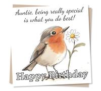Beautiful Happy Birthday Card for Loved One - Robin, Daisy, Flowers, Birds - Auntie, Being Really Special is What You Do Best - for Her, Aunt, Aunty