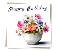 Beautiful Happy Birthday Flower Card For A Special Woman - Flowerpot, Colourful - For A Lovely Friend, Bestie, Sister, Auntie, Loved One, Darling, Sweetheart