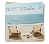 Beautiful Happy Retirement Card for a Colleague or Loved One - Seaside, Sunchairs, Beach, Painting, Peaceful - For a Parent, Grandparent, Relative, Friend