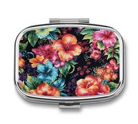 Beautiful Hibiscus Flower Pill Box - 2 Compartment Travel Pill Organizer with Small Mirror, Portable Pillcase for Pocket & Purse, Cute Square Medicine Case, Weekly Medicine Container
