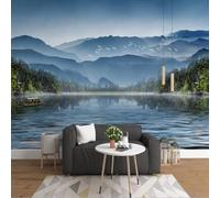 Beautiful High Mountains Flying Birds Forest River Small Boat 3D Wallpaper Silky Texture Home Study Office Grey Dining Room Sofa Bedroom Living Room TV Backdrop-300cm×210cm
