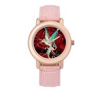 Beautiful Hummingbird with Rose Womens Elegant Watch Analogue Quartz Watch Leather Band Wristwatch