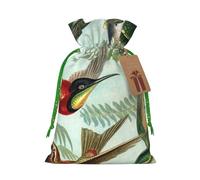 Beautiful Hummingbirds Printed Christmas Drawstring Bags with Green Christmas Ribbon - Reusable Burlap Drawstring Gift Pouches, S