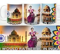 Beautiful I WOULD RATHER BE in INDIA Ceramic gift mug. Indian Flag and images on a coffee mug or tea cup. Can be personalised.