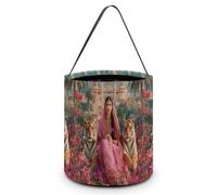 Beautiful Indian Woman Tiger Cute Halloween Candy Bucket Reusable Collapsible Candies Basket Fabric Tote Bags