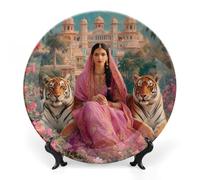 Beautiful Indian Woman Tiger Funny Decorative Plate with Display Stand Ceramic Ornaments Hanging Wall Decor