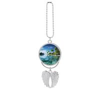 Beautiful Island in The Sea Car Pendant, Rear View Mirror Hanging Ornament, Auto Decor for Rearview Mirror, Keychain Silver-Style