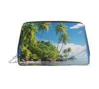 Beautiful Island in The Sea Leather Makeup Bag, Large-Capacity Travel Storage Bag, Dual-Purpose Toiletries and Makeup Bag