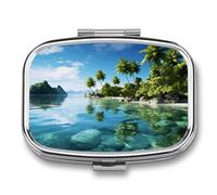 Beautiful Island in The Sea Pill Box 2 Compartment, Portable Pill Case with Mirror for Pocket Purse Travel, Mini Metal Medicine Organizer for Vitamins Fish Oil