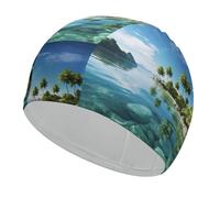Beautiful Island in The Sea Swim Cap for Adult, Elastic Fabric Swimming Cap, Comfortable Bathing Cap for Long & Short Hair