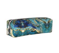 Beautiful Italy Leather Zippered Pencil Case,Three-Dimensional Pen Bag With Large Capacity,Durable Convenient Portable, Azurite Teal And Foil Gold Oil Marble Pattern, One Size