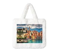 Beautiful Italy Printing Fluffy Shoulder Bag Ladies Plush Underarm Bag Tote Bag Furry Purse Handbag For Work Travel, White, One Size