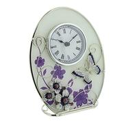 Beautiful 'Juliana,' oval, glass, clock decorated with purple flowers, crystals and a butterfly.