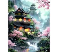 Beautiful Landscape Temple Paint by Numbers for Adults, Paint by Numbers Canvas Kits for Beginners, Cherry Blossom, DIY Acrylic Pigment Drawing Paintwork for Home Wall Decor 16x20 Inch, Frameless