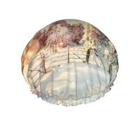 Beautiful Landscape Trees Snow Flakes Double Waterproof Elastic Band Shower Cap With Frilled Ears Kitchen Oil-Proof Bonnet Can Be Reused
