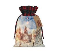 Beautiful Landscape Trees Snow Flakes Print Christmas Drawstring Linen Gift Bags Reusable Fabric Bags With Tags For Christmas Gifts