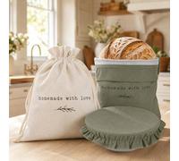Beautiful Linen Bread Bag Set and Proofing Cover For Homemade Sourdough Bread - Keeps Your Loaf Fresh for Days - Reusable and Easy to Clean Storage Bag, The Perfect Baking Accessories
