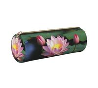 Beautiful Lotus Flower Printed Cylindrical Leather Pencil Case for Girls Boys, Gold Zipper Pencil Bag Pen Pouch Organizer for Student School Office College