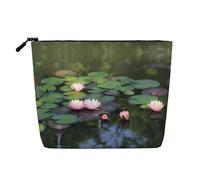 Beautiful Lotus Flower Printed Single-Layer Cosmetic Bag Faux Linen Material Large Capacity Coin Purse Travel and Business Trip Essential