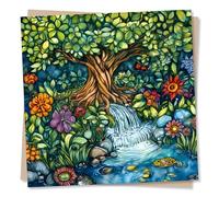 Beautiful Lush Good Luck Card For Loved One - Tree, River, Flowers, Nature Lover, Spiritual - Abundance Grows Where Gratitude Flows - For Bestie, Friend, Sister, Brother, Sibling, Mum, Dad