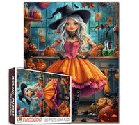Beautiful Magic Witch Jigsaw Puzzle 1000 Pieces for Adults Students Fantasy Halloween Art White Hair Green Eyes Girl Pumpkins Potions Bats Candles Cartoon Style 20×27 Inches Puzzles Gift Home Decor