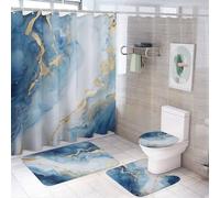 Beautiful Marble Texture Shower Curtain 4 Piece Sets with Non-Slip Rugs,Toilet Lid Cover And Bath Mat Blue Gold Fluid Abstract Modern Waterproof Shower Curtain with 12 Hooks Bathroom Set Home Decor